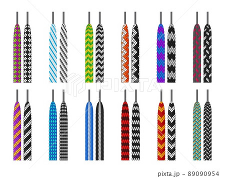 Patterned shoelaces. Boots laces with grommets. Different footgear cord types. Sneakers accessories. Shoes fastenings. Braided threads. Bright footwear ties. Vector colorful ropes set 89090954