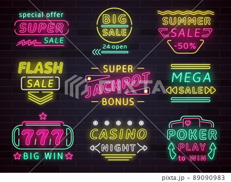 Neon casino signs. Realistic glowing emblems. Gambling light signage. Jackpot and winning bets. Poker game. Sale advertising signboards with arrows. Vector illuminated billboards set 89090983