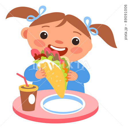 Girl eating healthy fast food. Kid breakfast Girl eating healthy fast food. Kid breakfast 89091006