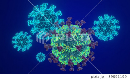 Omicron SARS-CoV-2 virus against set of low poly glowing computer models on blue, 3D rendering. Omicron SARS-CoV-2 virus against set of low poly glowing computer models on blue, 3D rendering. 89091199