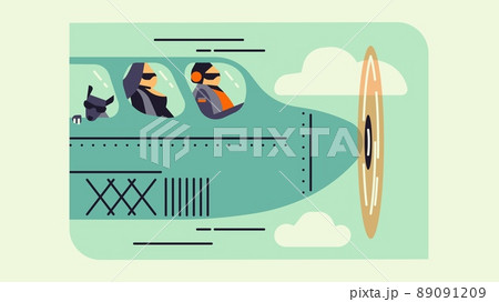 Aircraft nose, propeller, pilot and passenger, minimalist flat icon style cartoon. Dog in window - travelling with animal. Aircraft nose, propeller, pilot and passenger, minimalist flat icon style cartoon. Dog in window - travelling with animal. 89091209