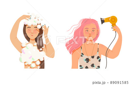 Beauty daily routine. Girls washing and drying their hair cartoon vector illustration Beauty daily routine. Girls washing and drying their hair cartoon vector illustration 89091585