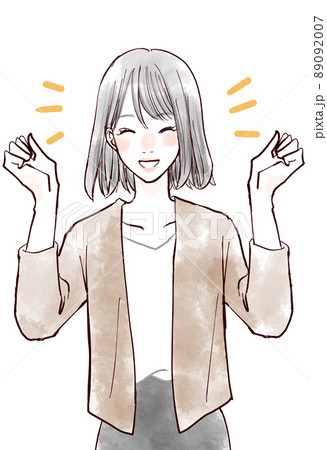 笑顔でガッツポーズをする女性 89092007