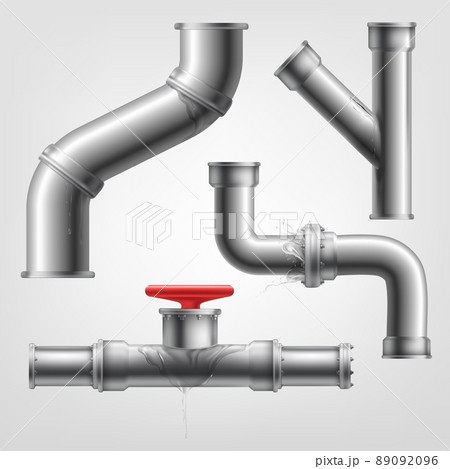 Realistic leaking pipes. Isolated kitchen pipe leakage, broken plumbing leak piping, piped crack drain damaged pipeline, wet valve home communication, tidy vector illustration 89092096