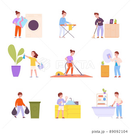 Kid help housework. Children boys doing house job home responsibility, dusting help ironing household activity chore, clean room laundry dish Kid help housework. Children boys doing house job home responsibility, dusting help ironing household activity chore, clean room laundry dish 89092104