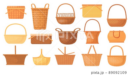 Cartoon handmade baskets. Wicker rattan picnic basket, bamboo weave empty bag for lunch or gift easter, straw hamper, rural wooden handle basketry, cartoon neat vector illustration 89092109