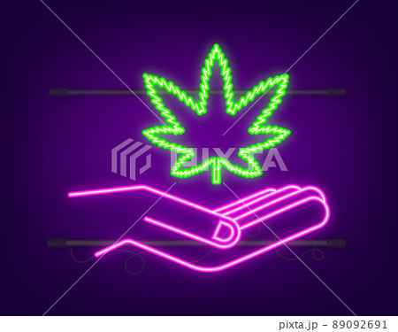 Hand cbd neon icon. Hand holding marijuana leaf. Medical treatment. Vector stock illustration. 89092691