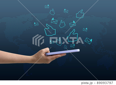 Mobile phone notifications for published news, likes and comments in the global social network. A woman's hand holds a phone on a blue background. 89093797