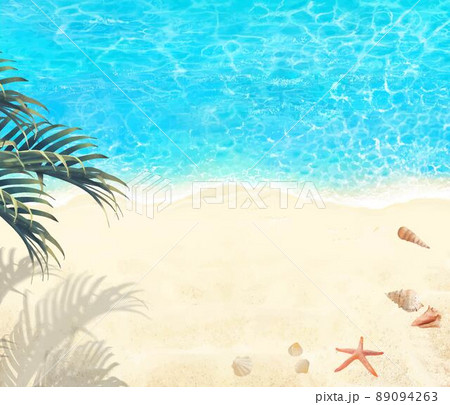 上から見た夏の砂浜とエメラルドグリーンの海の波打ち際に貝殻とヤシのある美しいフレームイラスト素材 89094263