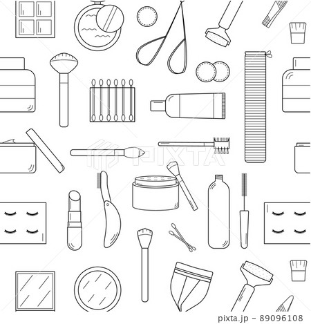 Hand drawn seamless pattern with elements with elements of cosmetics. Doodle style. Vector Hand drawn seamless pattern with elements with elements of cosmetics. Doodle style. Vector 89096108