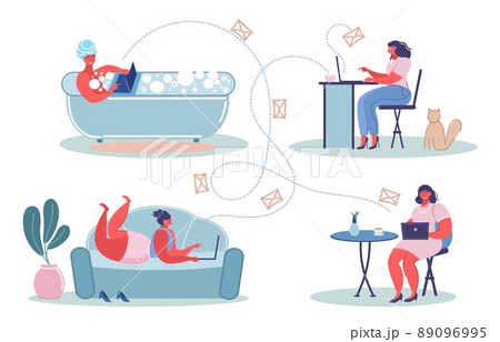 Young women chatting using laptop computers, vector flat illustration 89096995