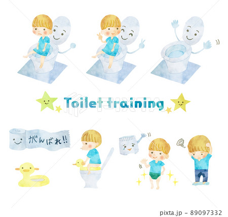 トイレトレーニングに挑戦する手書き風男の子のイラストセット 89097332