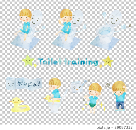 トイレトレーニングに挑戦する手書き風男の子のイラストセット 89097332