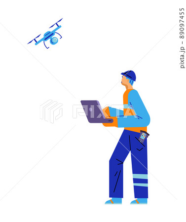 Surveyor man character in special suit and helmet controls drone via laptop flat style 89097455