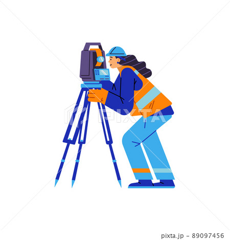 Woman surveyor character watching in special equipment on tripod, flat style Woman surveyor character watching in special equipment on tripod, flat style 89097456