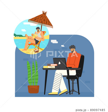 Sad man sitting at the table and dreaming about beach rest flat style 89097485