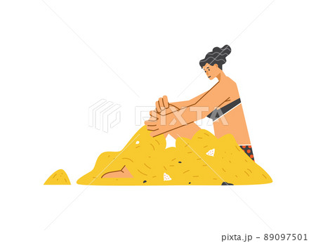 Smiling girl character digs herself into the sand with shells flat style 89097501
