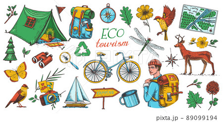 Eco tourism set. Eco friendly tourism. Tourist with backpack and tent. Wild nature. Bicycle, map Eco tourism set. Eco friendly tourism. Tourist with backpack and tent. Wild nature. Bicycle, map 89099194