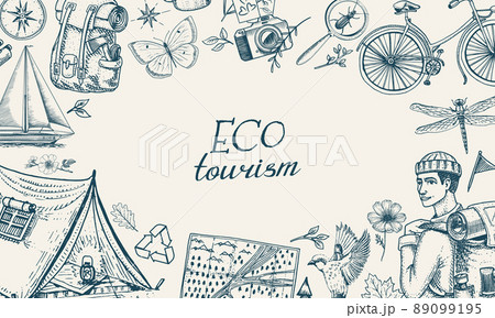 Eco tourism Poster or banner.. Eco friendly tourism. Tourist with backpack and tent. Wild nature Eco tourism Poster or banner.. Eco friendly tourism. Tourist with backpack and tent. Wild nature 89099195