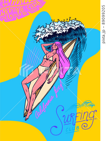 Surf Poster or banner. The girl lies on the board floating on the sea wave. Summer California pins Surf Poster or banner. The girl lies on the board floating on the sea wave. Summer California pins 89099205