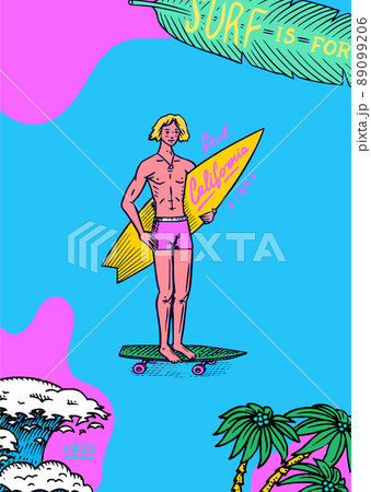 Surf Poster or banner. A man rides a skateboard and holds a board. Retro Wave and palm. Summer Surf Poster or banner. A man rides a skateboard and holds a board. Retro Wave and palm. Summer 89099206