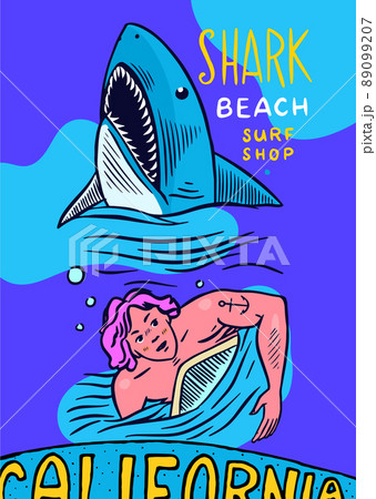 Surf Poster or banner. A man with pink hair is swimming away from a shark. Retro Wave and palm Surf Poster or banner. A man with pink hair is swimming away from a shark. Retro Wave and palm 89099207