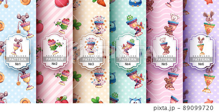 Set childish cartoon character animal in cup champion seamless pattern 89099720