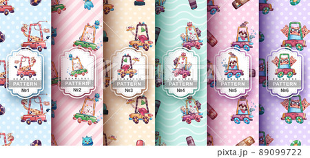 Set childish cartoon character animal in car seamless pattern Set childish cartoon character animal in car seamless pattern 89099722