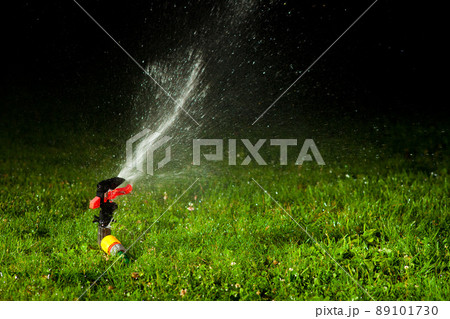lawn sprinkler spraying water over green grass at night 89101730