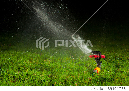 lawn sprinkler spraying water over green grass at night lawn sprinkler spraying water over green grass at night 89101773