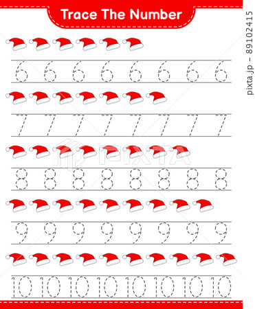 Trace the number. Tracing number with Santa Hat. Educational children game, printable worksheet, vector illustration 89102415
