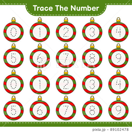 Trace the number. Tracing number with Christmas Ball. Educational children game, printable worksheet, vector illustration Trace the number. Tracing number with Christmas Ball. Educational children game, printable worksheet, vector illustration 89102478