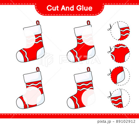 Cut and glue, cut parts of Christmas Sock and glue them. Educational children game, printable worksheet, vector illustration Cut and glue, cut parts of Christmas Sock and glue them. Educational children game, printable worksheet, vector illustration 89102912