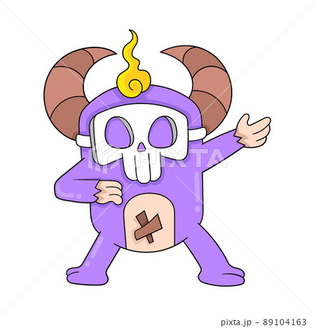 Buffalo horned monster with a skull mask in the style of a hero, doodle icon image kawaii 89104163