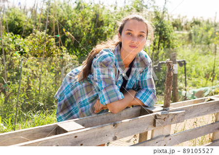 Joyful woman harvesting vegetables in a basket 89105527