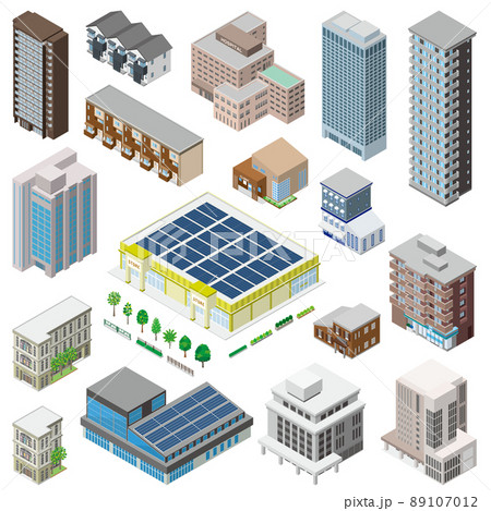 様々な建物の立体図イラスト. 建物の外観. 89107012