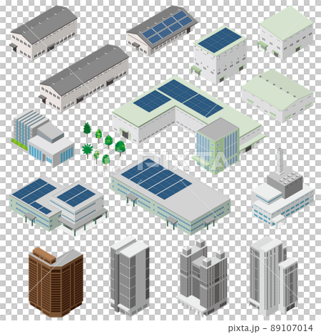 Three-dimensional illustrations of various buildings. Exterior of the building. 89107014