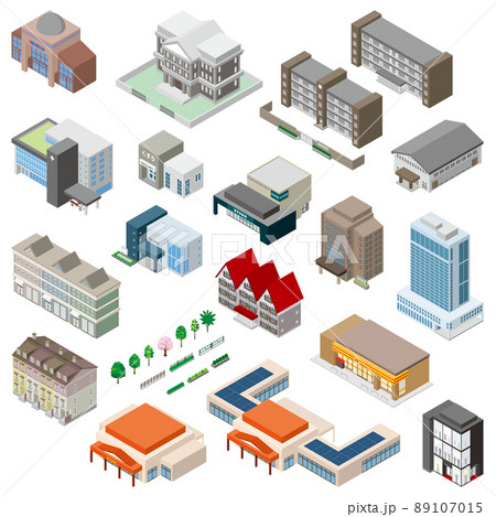 様々な建物の立体図イラスト. 建物の外観. 様々な建物の立体図イラスト. 建物の外観. 89107015