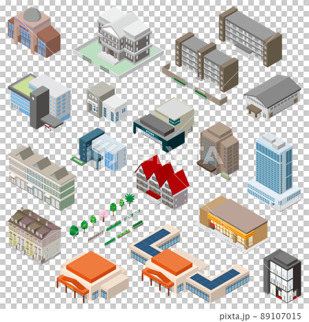 様々な建物の立体図イラスト. 建物の外観. 様々な建物の立体図イラスト. 建物の外観. 89107015