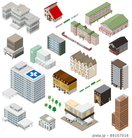 様々な建物の立体図イラスト. 建物の外観. 様々な建物の立体図イラスト. 建物の外観. 89107016