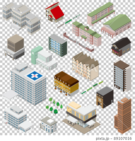様々な建物の立体図イラスト. 建物の外観. 様々な建物の立体図イラスト. 建物の外観. 89107016