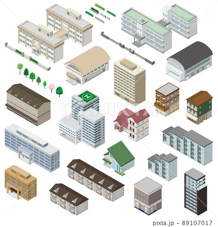 様々な建物の立体図イラスト. 建物の外観. 様々な建物の立体図イラスト. 建物の外観. 89107017