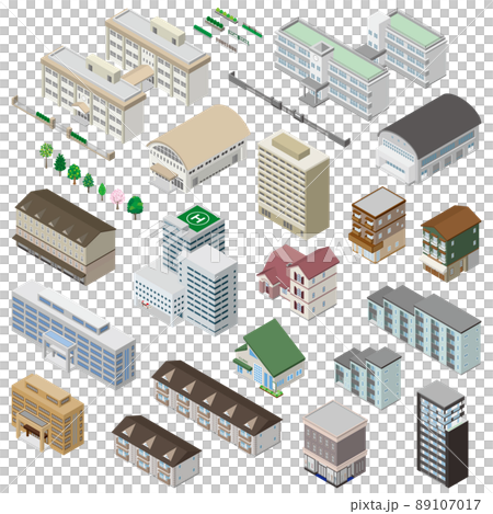 各種建築物的三維插圖。建築物的外部。 89107017
