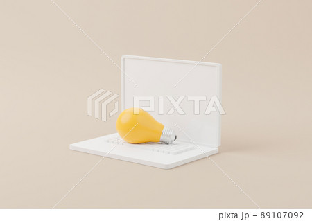Light bulb with computer laptop on background. Minimal design 89107092