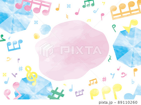 カラフルな水彩の音符の雨と傘と水たまりのフレームのイラスト素材 カラフルな水彩の音符の雨と傘と水たまりのフレームのイラスト素材