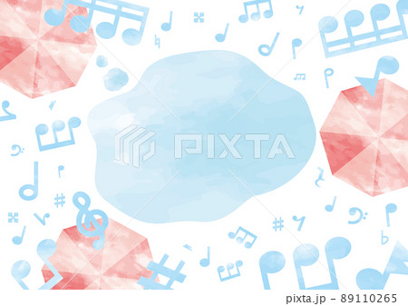 水彩の音符と音楽の記号の雨と傘と水たまりのフレーム 89110265