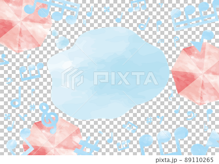 水彩の音符と音楽の記号の雨と傘と水たまりのフレーム 89110265