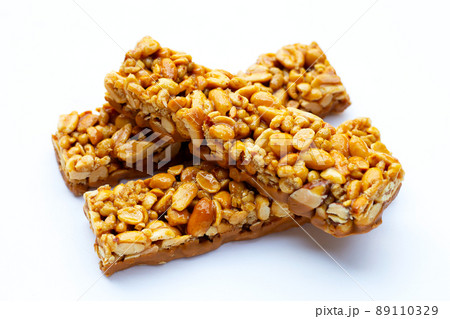 Peanuts butter chocolate bars on white Peanuts butter chocolate bars on white 89110329
