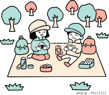遠足でお弁当を食べる子どものイラストのイラスト素材