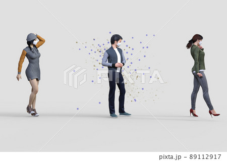 若者のうち一人がウイルスを持っているがソーシャルディスタンスを保ちながら同じ空間にいる 89112917